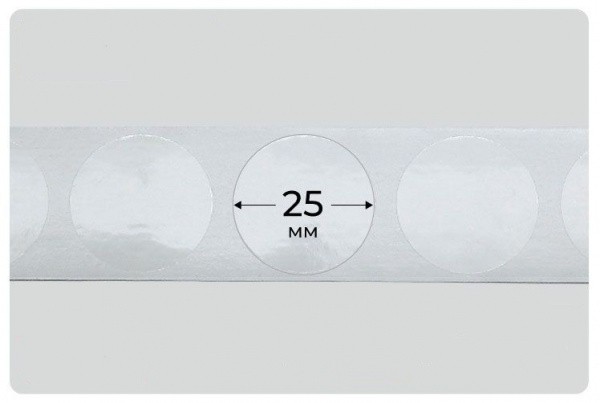 Наклейки круглые прозрачные. D-25mm. 5000 шт. Для фиксации упаковки Полипропиленовые.