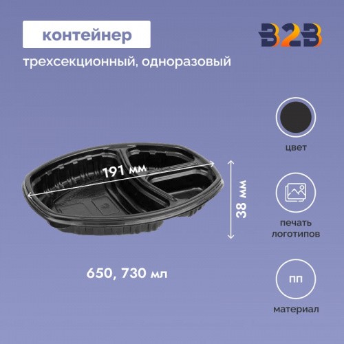 Одноразовый контейнер для горячих блюд трехсекционный d-191мм круглый ПП